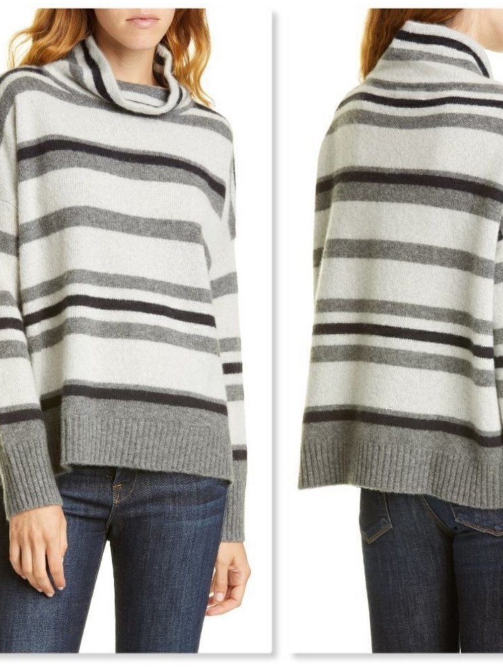 Nordstrom Cashmere 100% Striped Turtleneck Sweater - Gray & Black